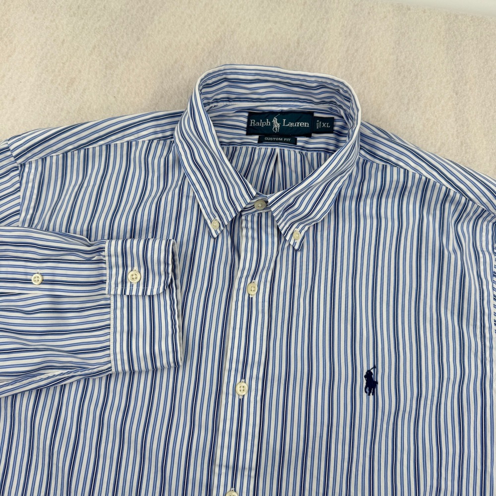 Ralph Lauren Custom Fit Slim Long Sleeve Button Down Mens XL Blue Striped Preppy